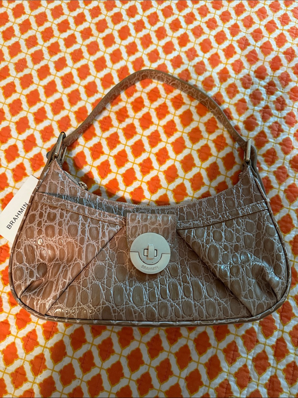 Brahmin Taupe Croc-Embossed Shoulder Bag with Silver Turn-Lock